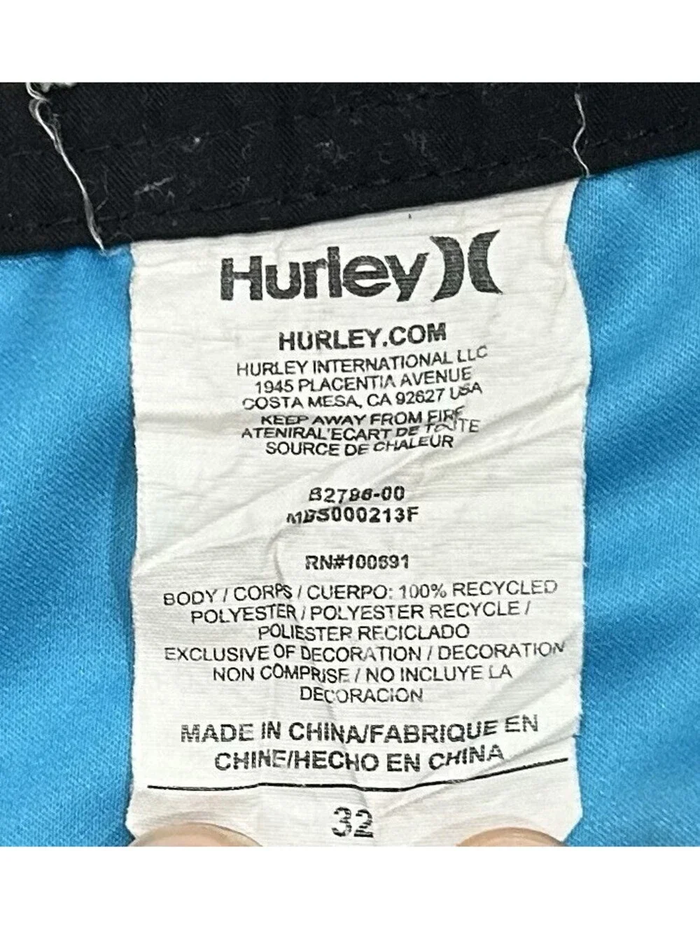 Hurley Board Shorts Mens Blue Pocket Tie Swim Bottom Men’s Size 32